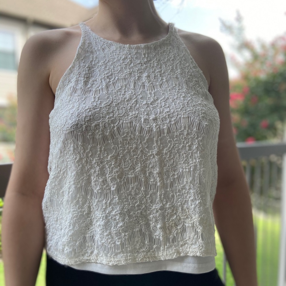 Monteau White High Neck Floral Lace Camisole Layered Tank Top Medium - Picture 4 of 13